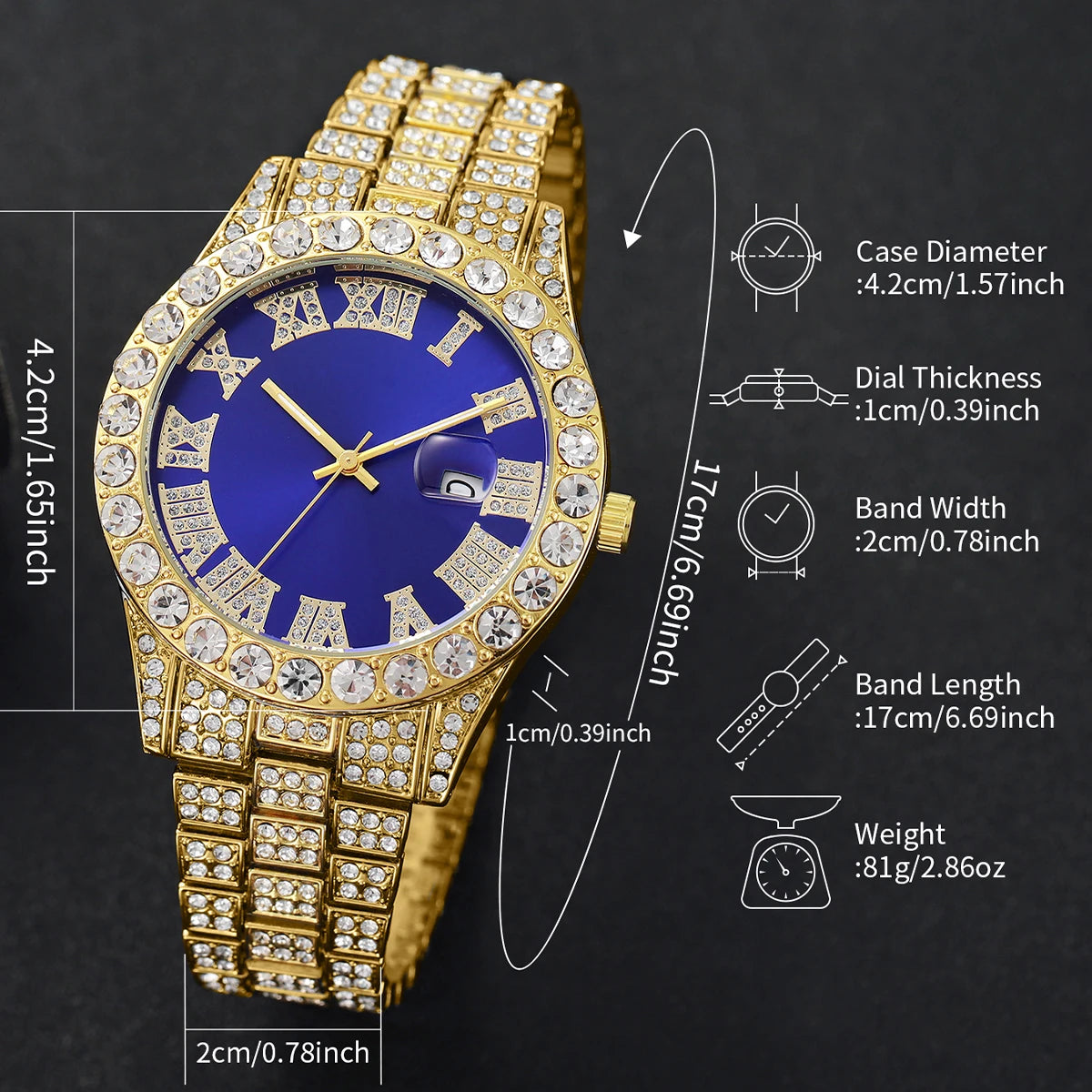 2PCS Luxury Rhinestone Men Watches Fashion Stainless Steel Band Male's Analog Quartz Watch Bracelet Set Relogios Masculino