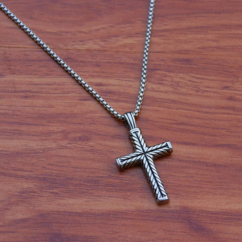 Twisted Pattern Cross Pendant Necklace Retro Simple Stainless Steel Chain Silver Color Hip Hop Jewelry Gifts For Women Men
