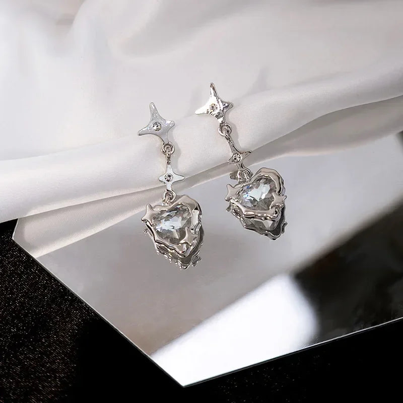 Y2K Goth Heart Cross Star Pendant Earrings for Women Red Zircon Love Earring Gothic Irregular Tassel Stud Earrings Halloween