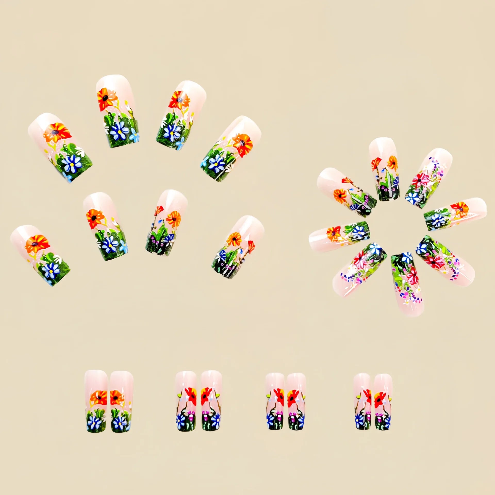 24pcs Mini Flower Press on Nails with Glue Painting Floral Acrylic Fake Nails Spring Design Short Square False Nails for Girls