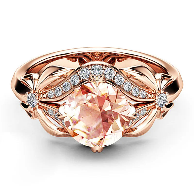 Dazzling Rose Gold Color Metal Flower Round Rose Stone Ring Luxury Party Engagement Wedding Rings for Women Jewelry