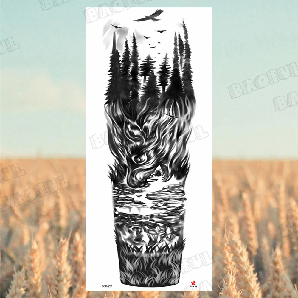 Arm Sleeve Temporary Tattoos For Women Men Realistic Wolf Lion Rosette War Maori Flower Fake Tattoo Stickers Sexy Thigh Tatoos