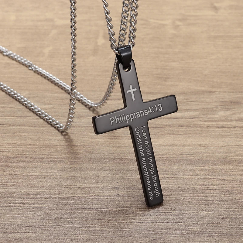 Philippians 4:13 Men\\\'s Simple Cross Pendant Necklace Stainless Steel Religious Amulet Jewelry Unisex Bijoux