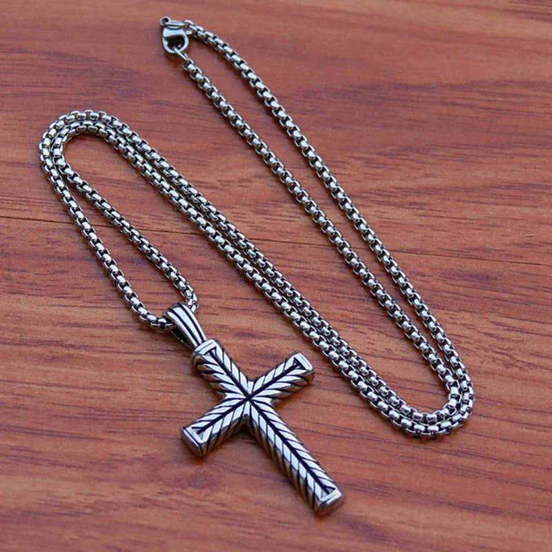 Twisted Pattern Cross Pendant Necklace Retro Simple Stainless Steel Chain Silver Color Hip Hop Jewelry Gifts For Women Men