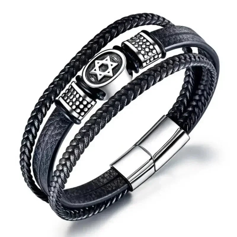 Hexagram Leather Bracelet Star of David Handwoven Double Layer Leather Magnetic Buckle Bracelet Judaism Amulet Jewelry for Men