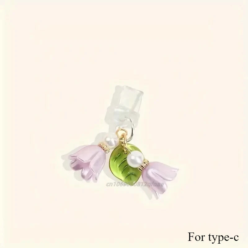 1PC For Phone/Type-C Interface Cute Pink Lily Of The Valley Phone Charm Flower Green Leaf Dust Plug DIY Accessories