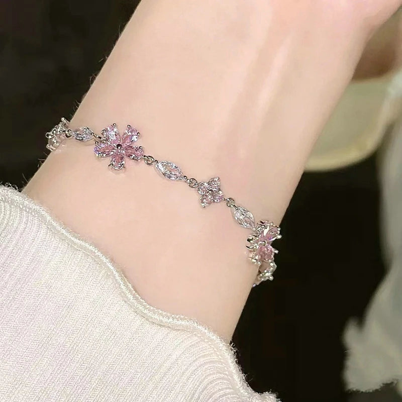 Elegant Fairy Pink Crystal Zircon Sakura Flowers Bracelet for Women Y2K Sweet Girls Cherry Blossom Moon Bow Knot Jewelry Gifts