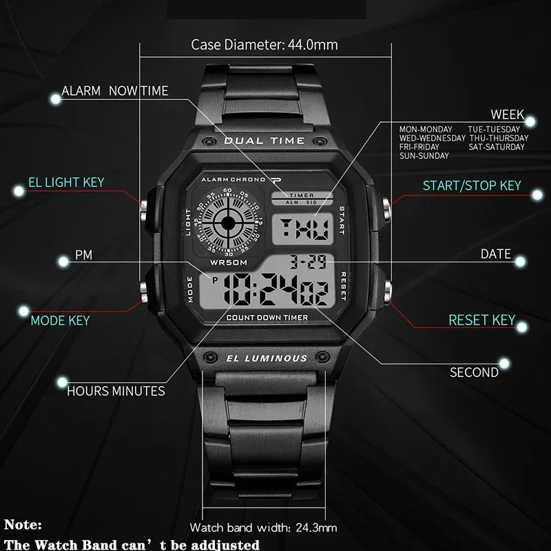 Luxury Stainless Steel Strap Sport Watches Men Practical Digital Watches Waterproof Clock LED Men's Sport Wristwatch