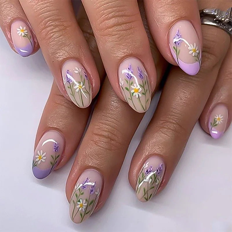 24Pcs Sweet Almond Nails Set Press On Nails Cute Mini Flower False Nail Floral Bow Diamond Full Cover Artificial Nails Art Tips