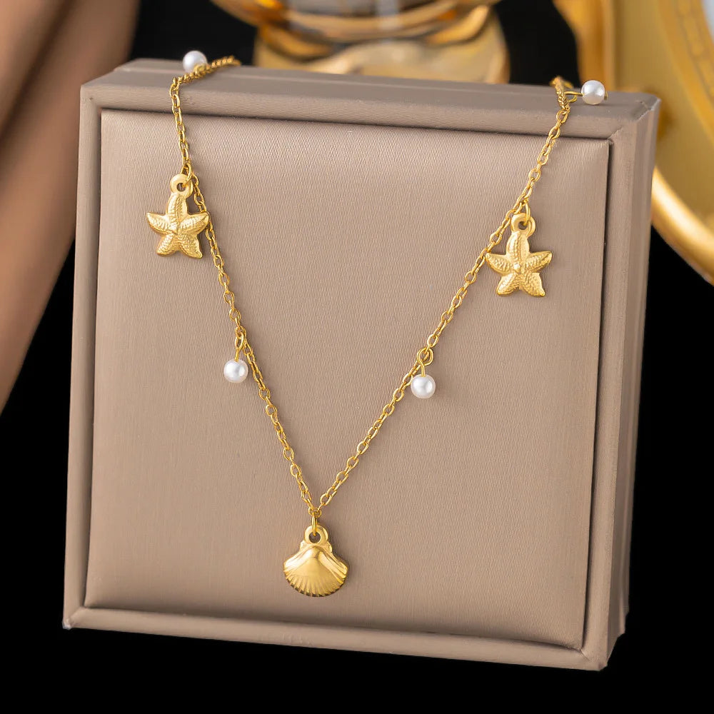 Vintage Starfish Shell Pearl Necklace For Women Gold Color Stainless Steel Pendant Shell Necklace Aesthetic  Summer Jewelry Gift