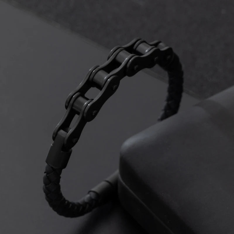 Retro Punk Bicycle Chain Hand Woven Leather Bracelet with Metal Buckle Men\\\\\\\\'s Cycling Motorcycle Rock Party Jewelry