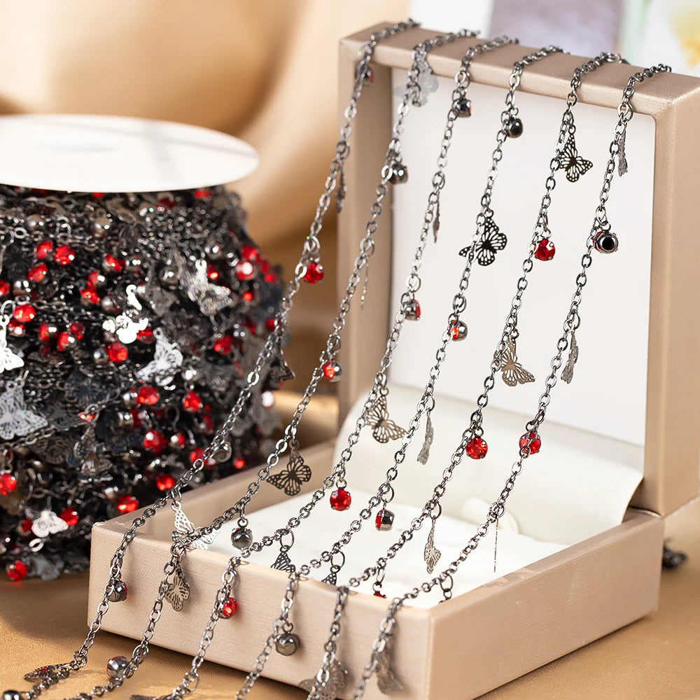 100CM 50CM Red Crystal Bead Charms Butterfly Pendants Gunblack Copper Chains For Jewelry Making DIY Necklaces Bracelets Chains