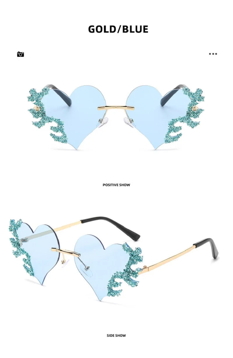 2024 Fashion Heart Shaped Sunglasses Luxury Diamond Funny Personality Rimless Sun Glasses Halloween Party Christmas Decoration