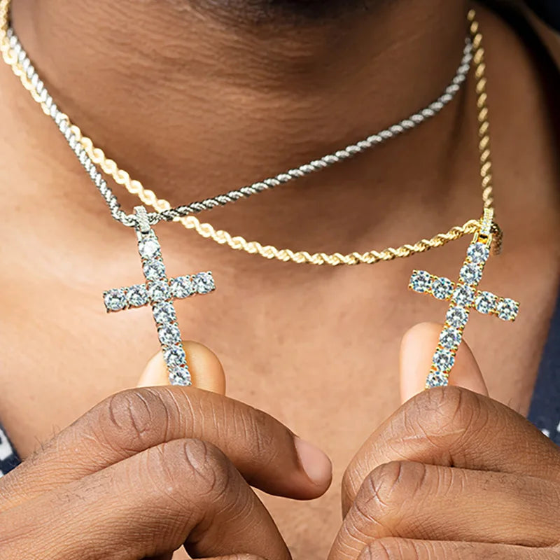 Cross Iced Out Pendant Necklace For Men Hip Hop Delicate Gold Color Cuban Rope Rapper Homme Chain on Neck Accessories OHP145