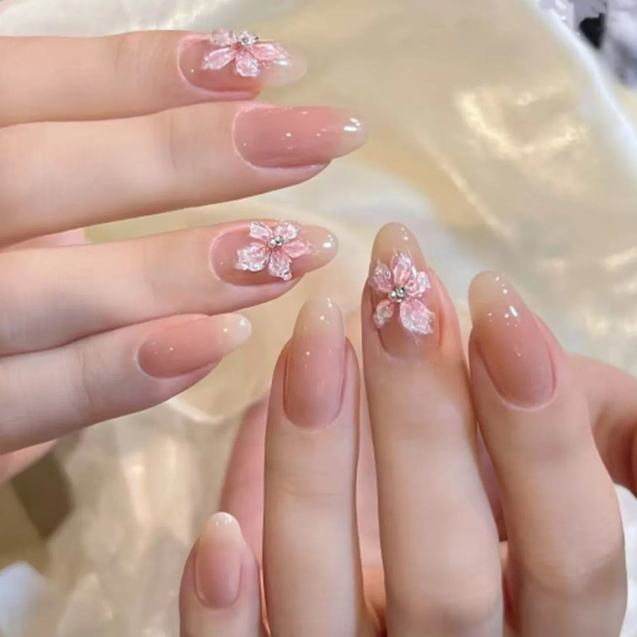 24Pcs 3D Flower Almond Nail Set Press on Nails with 3D Wave Drill False Nails French Tip Full Cover Artificial Nails Art Tips
