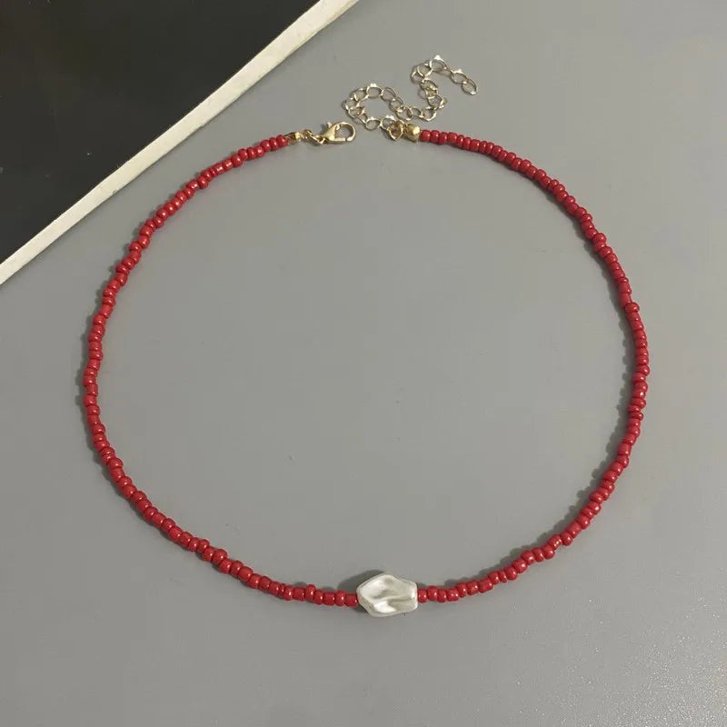 Fashion Boho Beads Necklace Women Imitation Pearl Seed Beaded Strand Short Choker Necklace Handmade Female Jewelry Wholesale