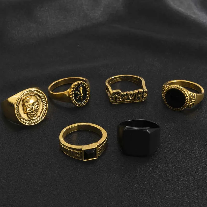 6Pcs/Set Vintage Silver Color Skeleton Skull Rings Set For Men Women Punk Gothic Metal Geometric Knuckle Ring Jewelry Anillos