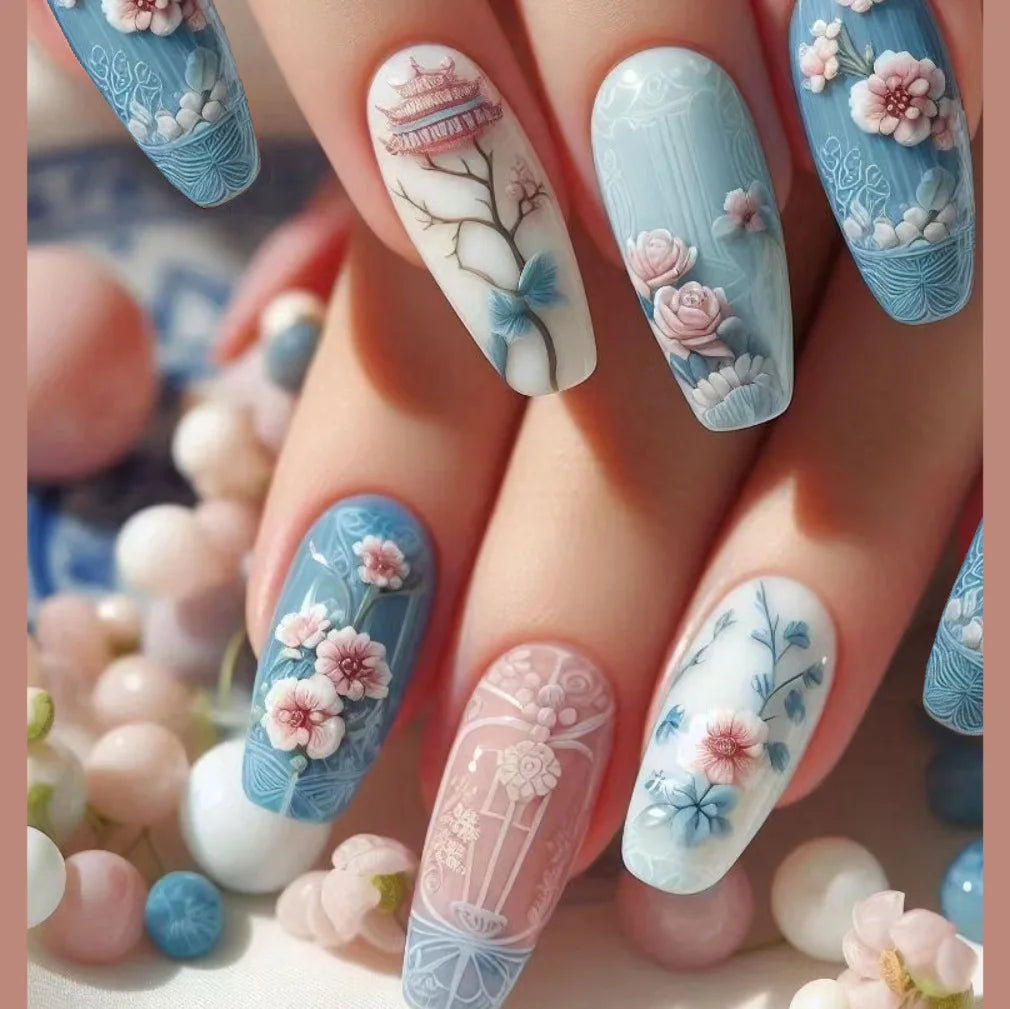 24Pcs Sweet Cool Coffin Fake Nails Butterfly Flower Acrylic Nail Glitter Glossy False Nail Full Cover Autumn Press on Nails Tips