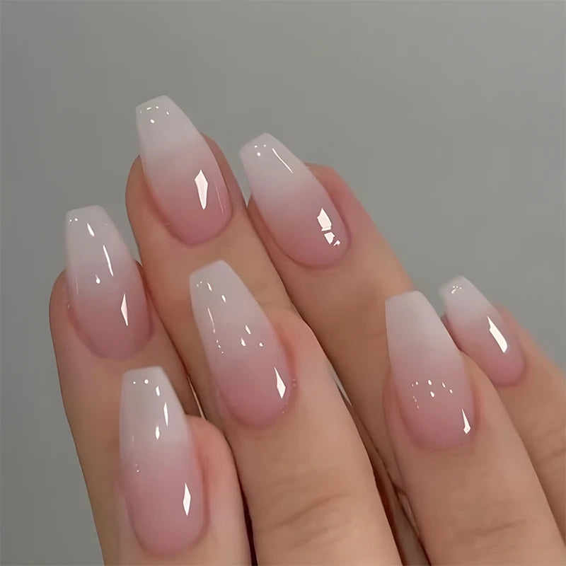 24pcs Milky Jelly Gradient Fake Nails French Nail Waterproof Faux Medium Coffin False Nails Fingernails Press On Nails Tips