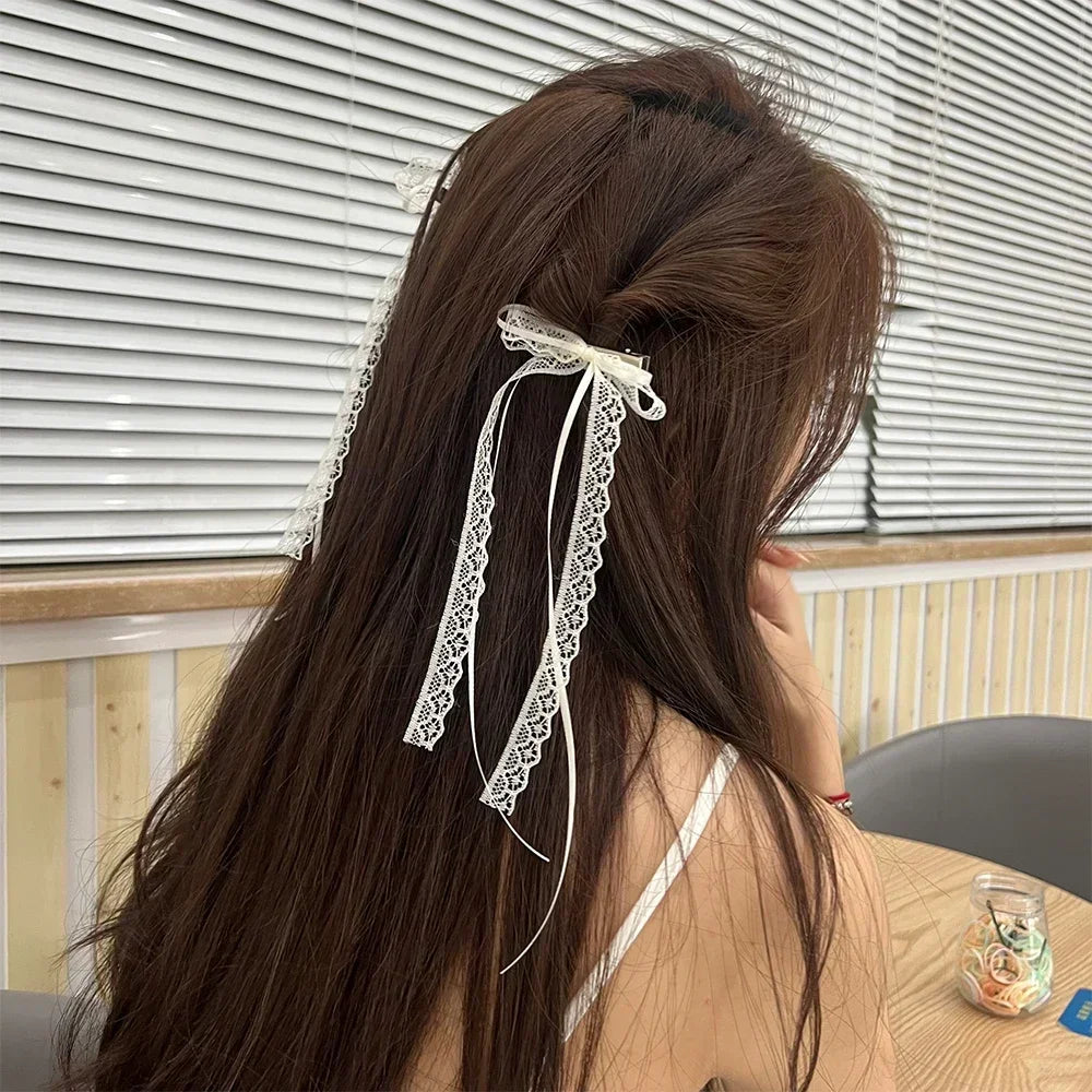 2pcs Korean Fashion Lace Bow Hairpin Women Girls Ribbon Hair Clips White Long Ribbon Bow Top Clip Female Hair Accessories Gifts