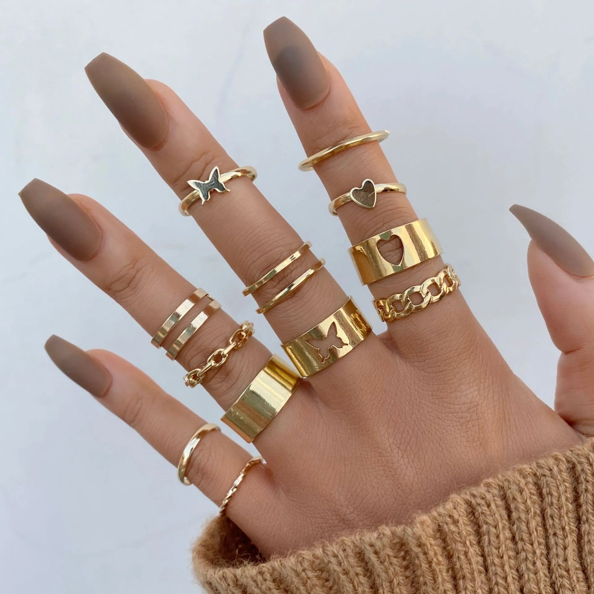 Vintage Korean Gold Silver Color Pearl Rings Set Jewelry For  Girls Butterfly Hollow Heart  Ring For Women Accessories