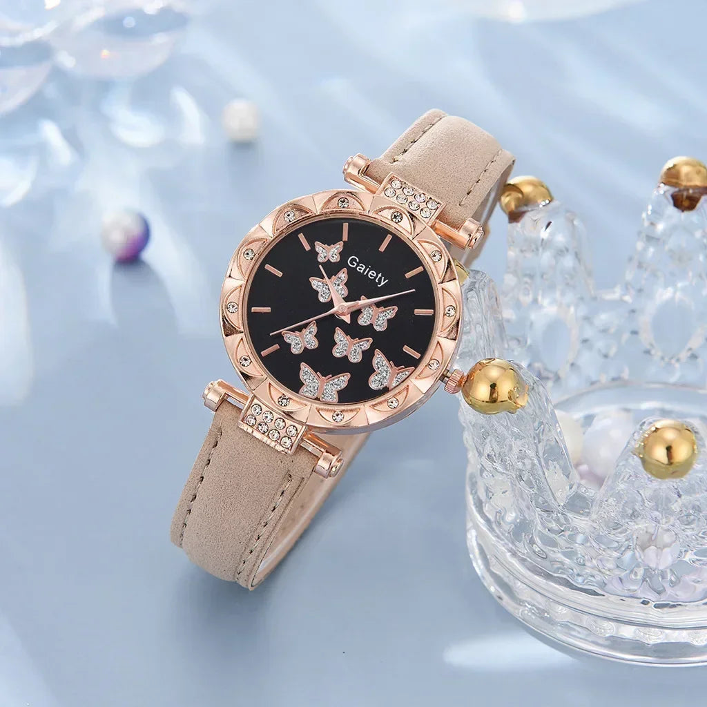 1/6PCS Set Luxury Watch Women Ring Necklace Earrings Rhinestone Fashion Wristwatch Ladies Casual Watches Bracelet Set Clock