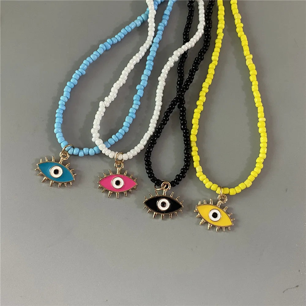 Lucky Handmade Necklace Popular Turkeky Eye Pendant Choker Colorful Rice Beadds Neck Jewelry