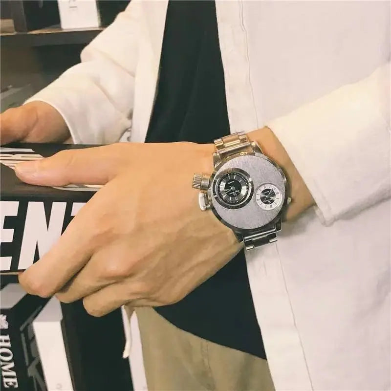 YIKAZE Luxury Quartz Men's Watches Punk Style Dual Dial Business Men Wristwatch Stainless Steel Strap Waterproof Military Watch