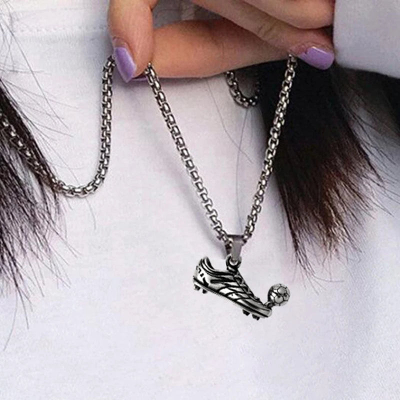 Football Shoe Pendant Necklace Boys Vintage Silver Color Hip Hop Punk Sports Style Stainless Steel Chain Fashion Man Jewelry