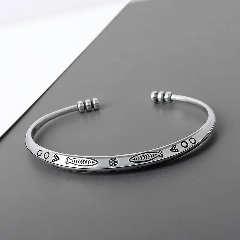 Silver-Plated Retro Six-Character Mantra Bracelet Men\\'s Heart Sutra Cuff Bangles Buddhist Religion Lucky Amulet Jewelry