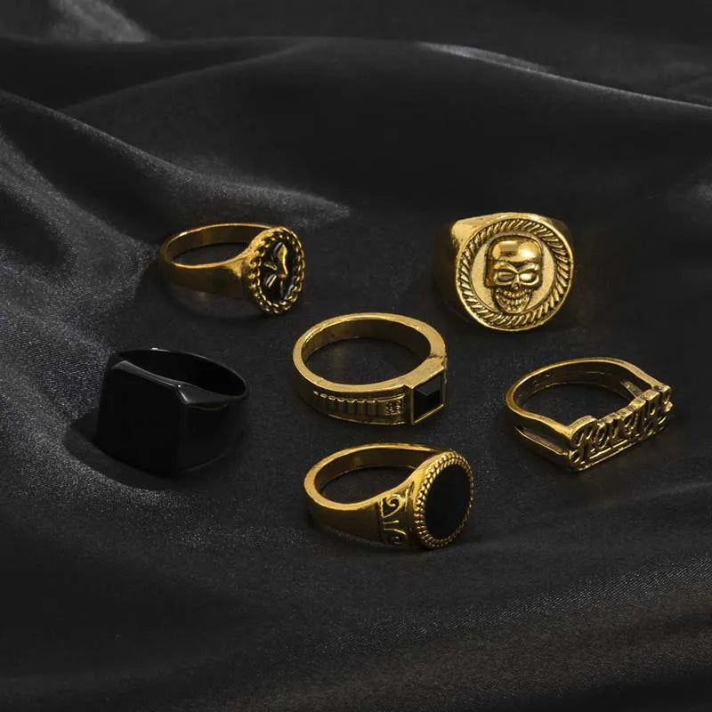6Pcs/Set Vintage Silver Color Skeleton Skull Rings Set For Men Women Punk Gothic Metal Geometric Knuckle Ring Jewelry Anillos