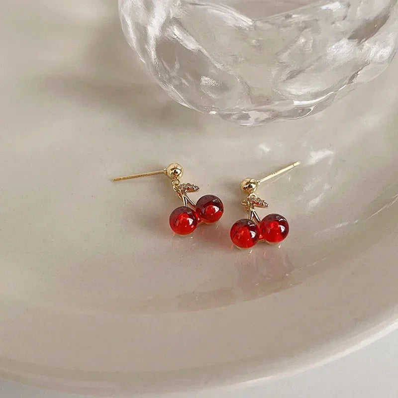 Red Cherry Pendant Necklace Stud Earrings Set Women's Fashion Fruit Necklace Earrings Jewery Set For Party Wedding Girls Gifts