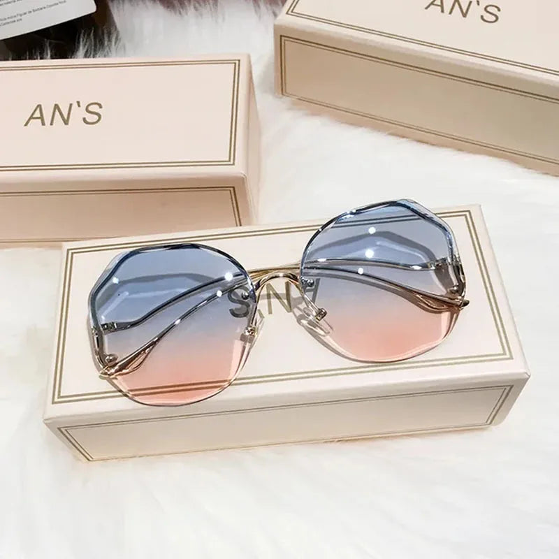 Luxury Round Gradient Sunglasses Women Metal Curved Temples Eyewear Ocean Rimless Fashion Sun Glasses Ladies UV400