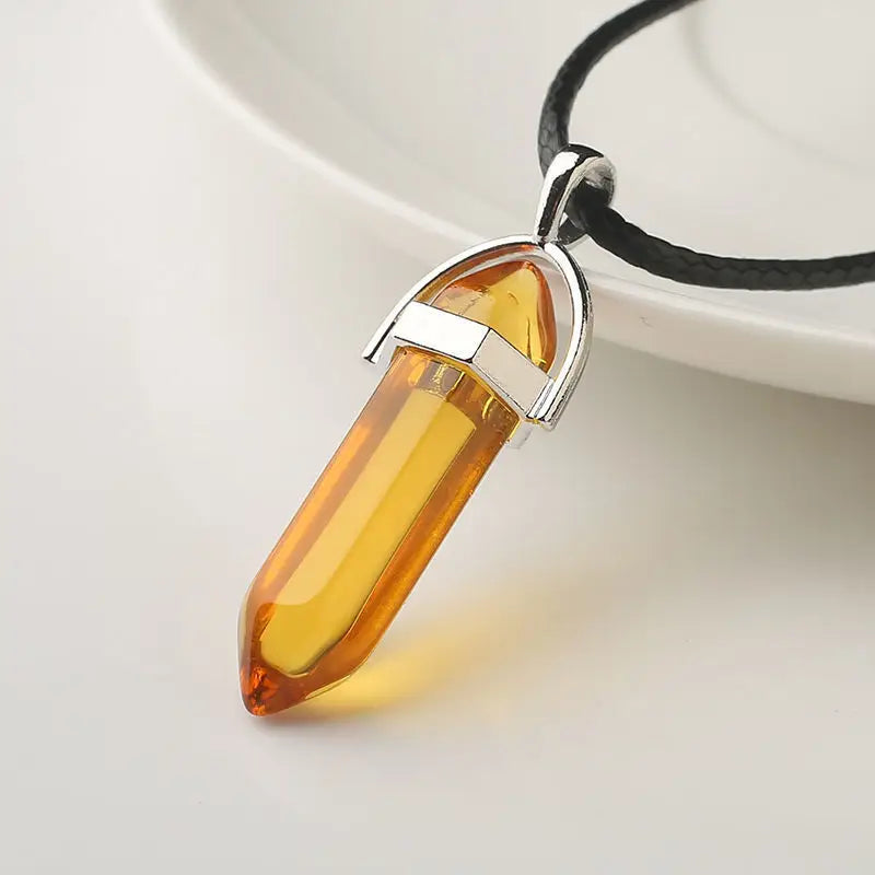 Natural Stone Pendant Necklace Ladies Girls Gift PU Leather Hexagonal Pillar Pointed Jewelry