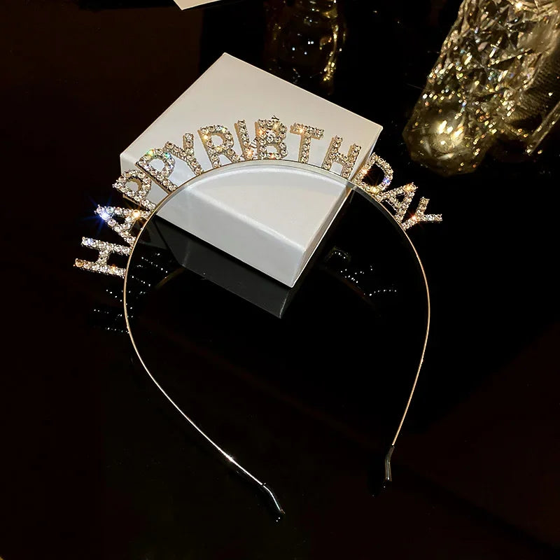 Shiny Rhinestone English Letters Happy Birthday Headband for Women Zinc Alloy Material  Party Jewelry Popular Hair Accessory