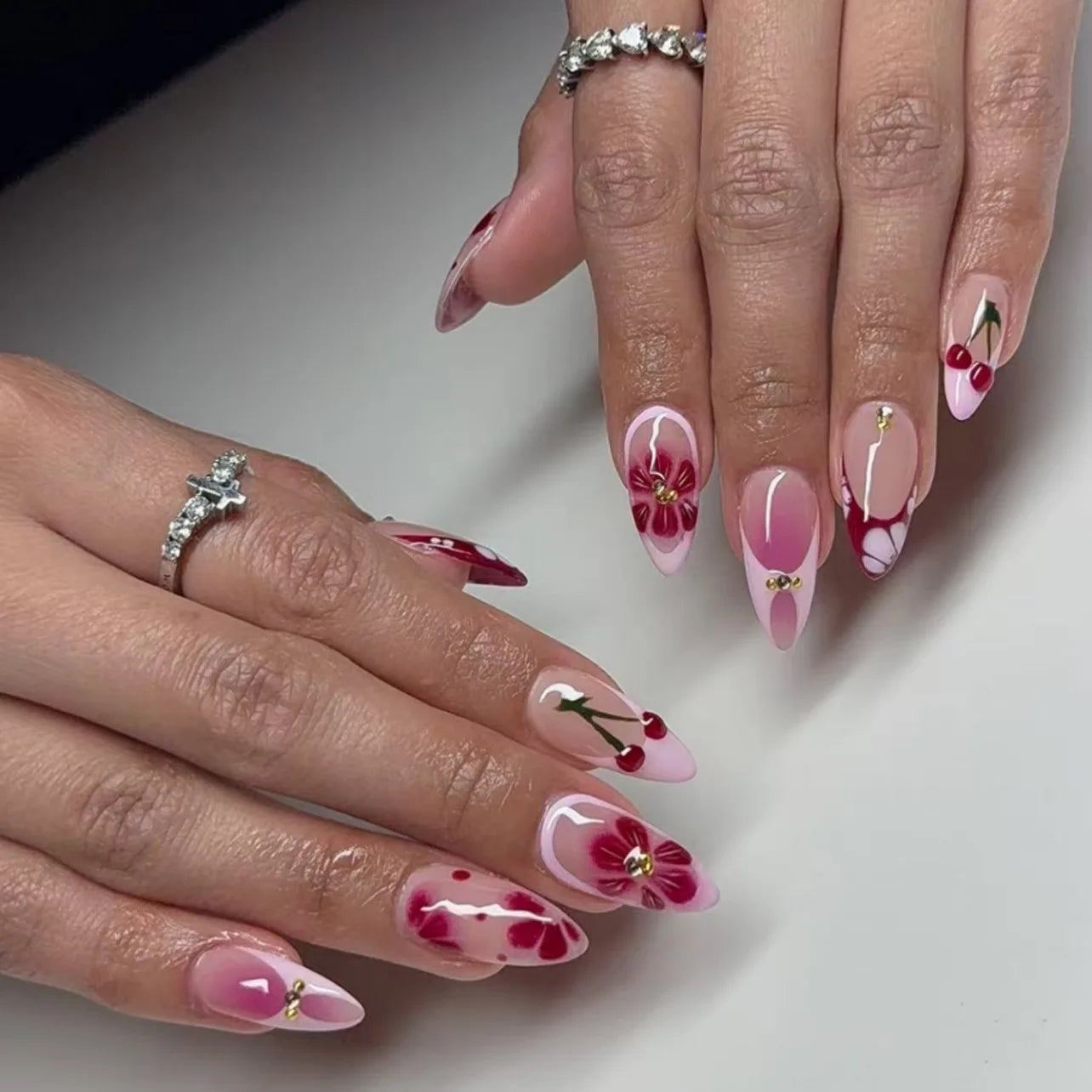 24Pcs 3D Flower Almond Nail Set Press on Nails with 3D Wave Drill False Nails French Tip Full Cover Artificial Nails Art Tips