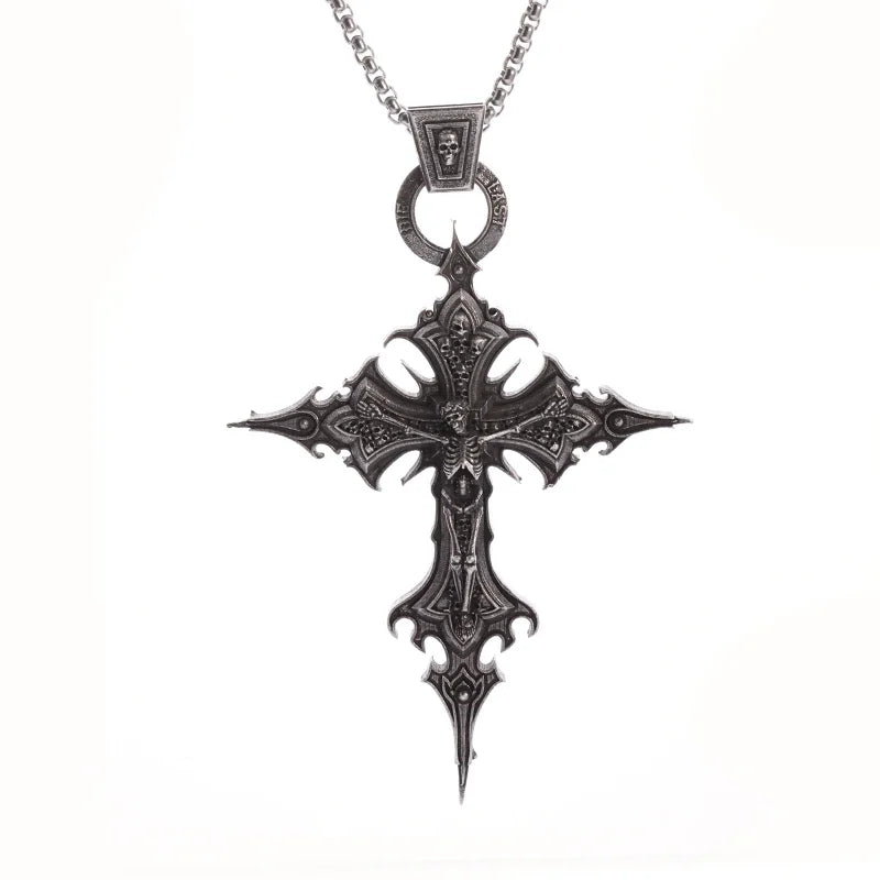Catholic Jesus Cross Stainless Steel Pendant Necklace for Men Women Vintage Christian Prayer Jewelry