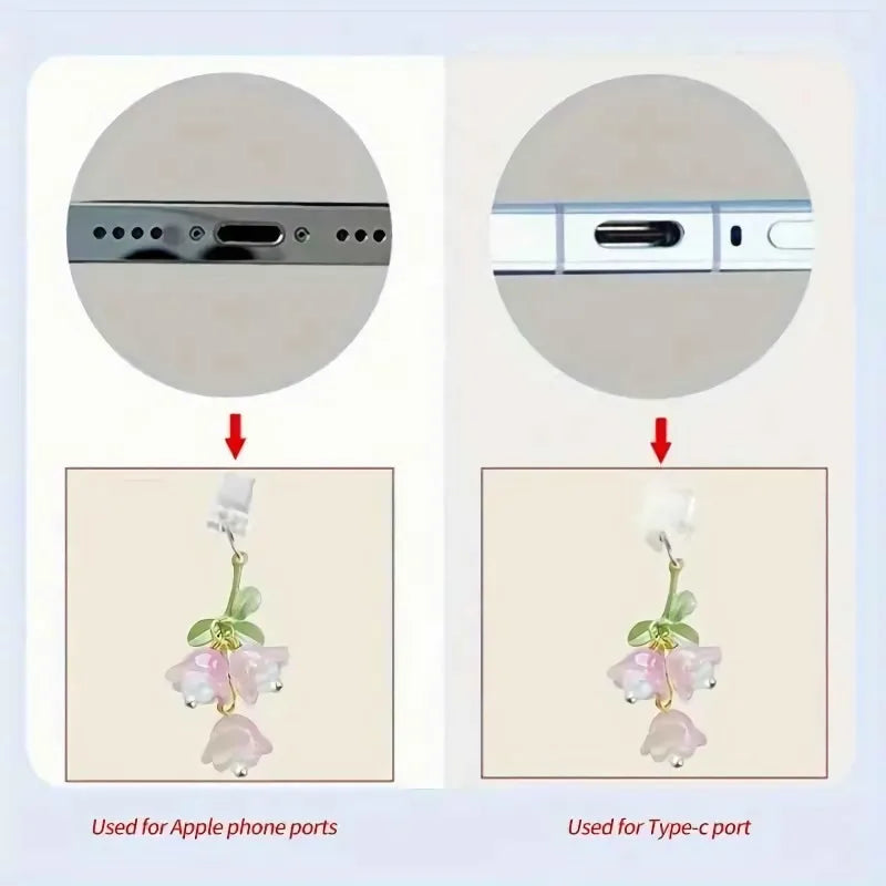 1PC For Phone/Type-C Interface Cute Pink Lily Of The Valley Phone Charm Flower Green Leaf Dust Plug DIY Accessories