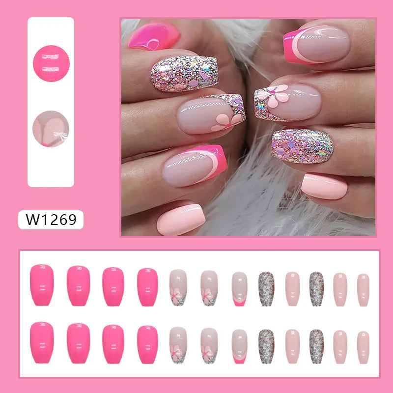 Sweet French 24 Pcs Press on Nails Pink Gradient Fake Nails Glossy Artificial Finger Manicure Reusable False Nails for Women