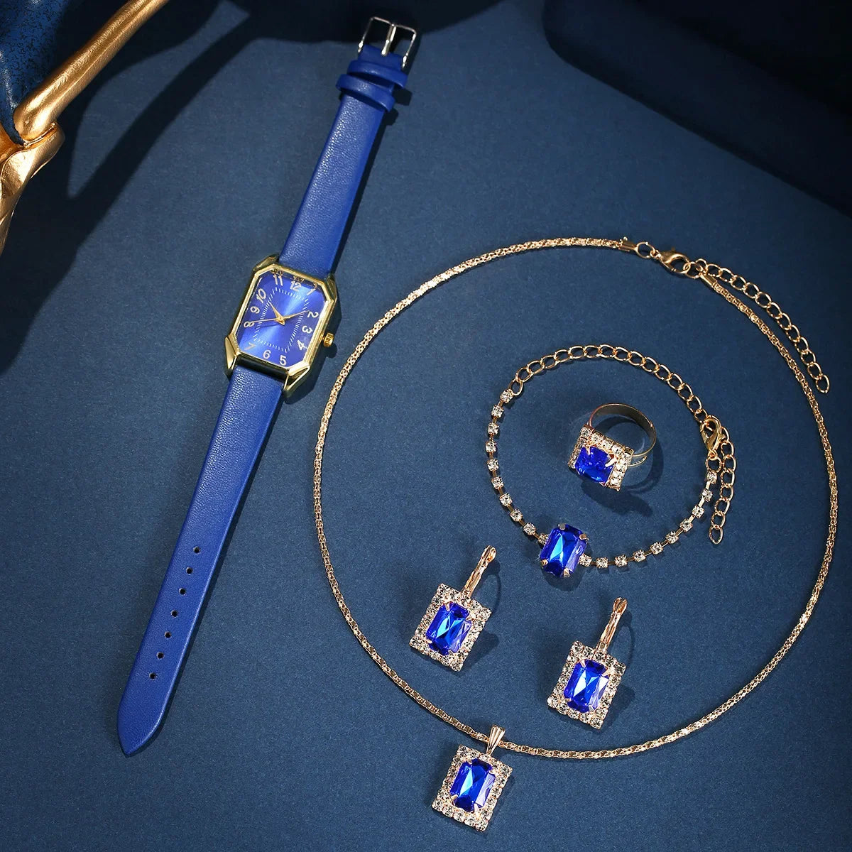 2024 New Leisure Fashion Leather Women's Business Square Quartz Watch Korean Rhinestone Jewelry Set Reloj Mujer Elegante