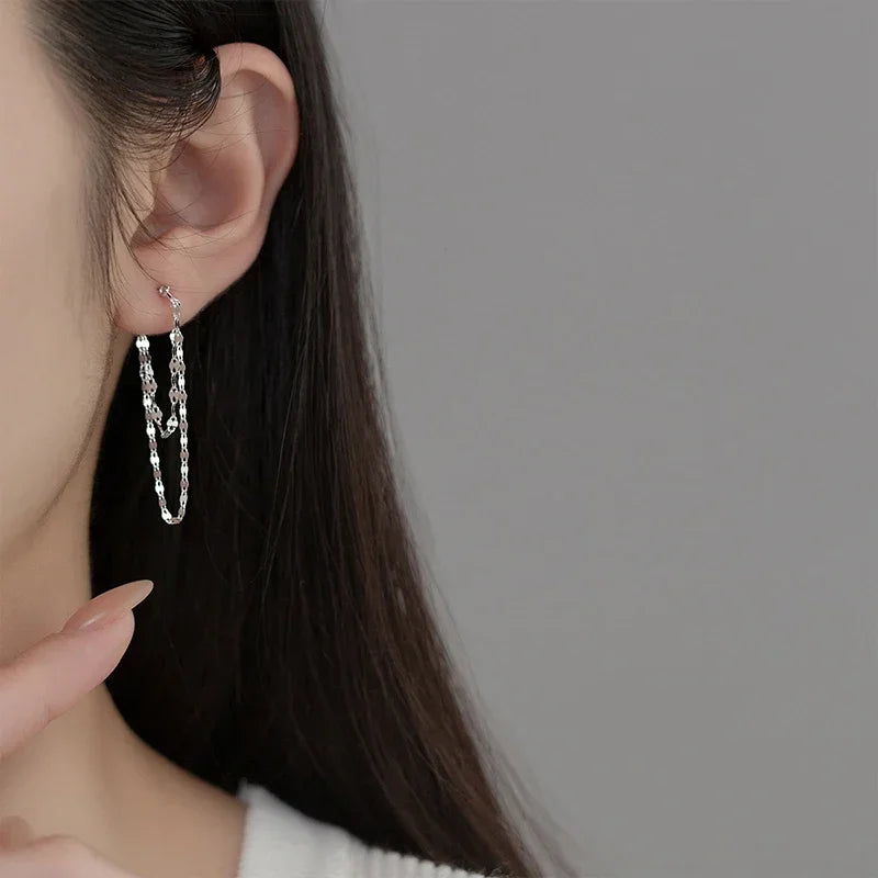 925 Sterling Silver Double Layered Tassel Earrings Long Sparkling Chain Earrings Summer Exquisite and Fashionable Party Jewelry