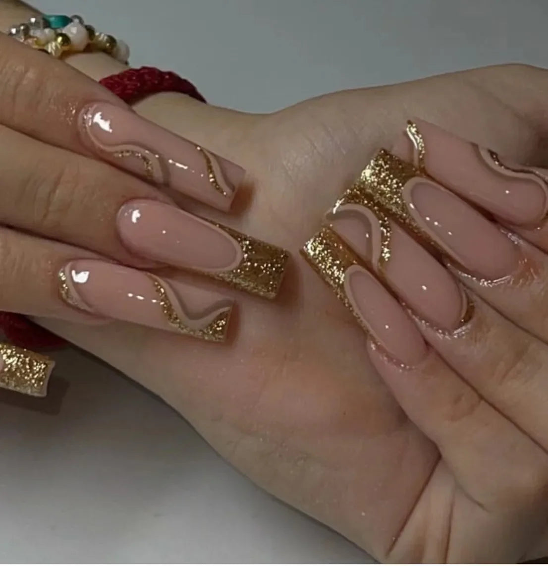 24Pcs Long Coffin Press on Nail Autumn Winter False Nails Glitter Diamond Stick on Nails French Ombre Full Cover Ballet Nail Art