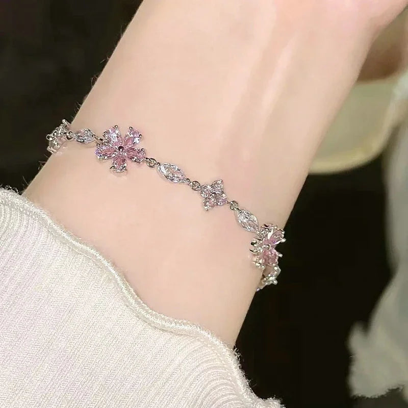Elegant Fairy Pink Crystal Zircon Sakura Flowers Bracelet for Women Y2K Sweet Girls Cherry Blossom Moon Bow Knot Jewelry Gifts