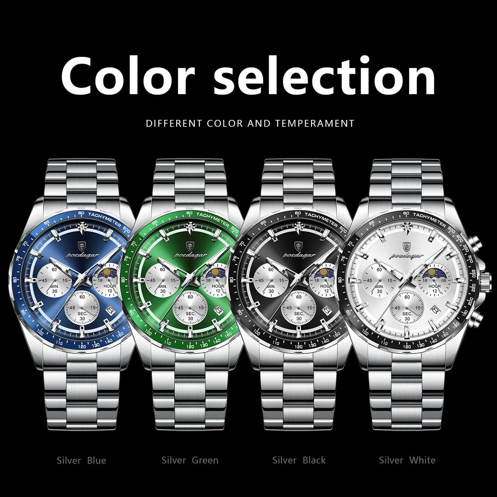 POEDAGAR Luxury Sport Watch For Men Waterproof Luminous Date Chronograph Man Wristwatch Stainless Steel Men's Quartz Watches+Box