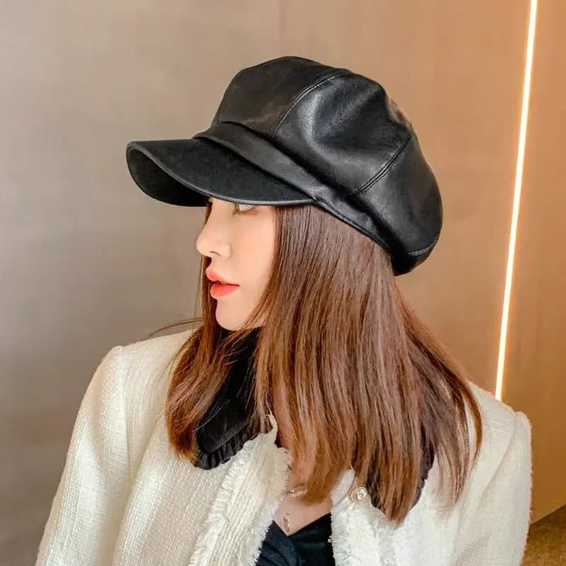 8 Panels Newsboy Caps for Women PU Leather Cabbie Painter Hat Gatsby Ivy Beret Cap