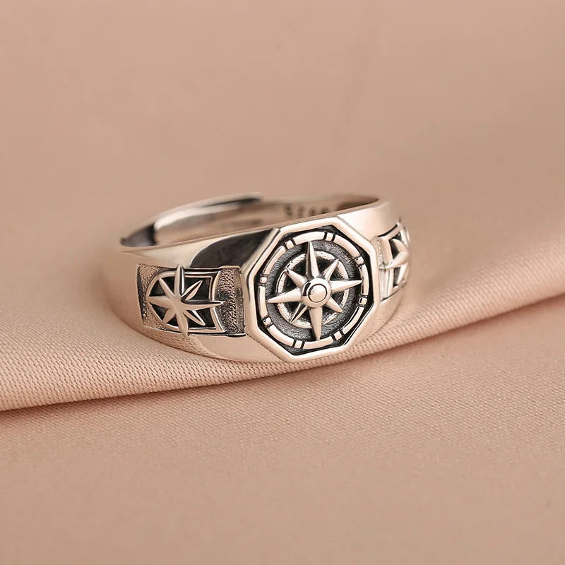 Retro Poseidon Compass Ring Silver-Plated Hexagram Opening Adjustable Ring Men and Women Hip-Hop Trend Jewelry Gift