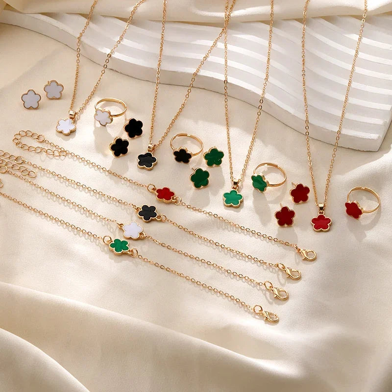 5PCS Romantic 5 Flower Petal Pendant Necklace Set for Women Girls Stud Earring Bracelet Ring Combination Jewelry Party Gifts