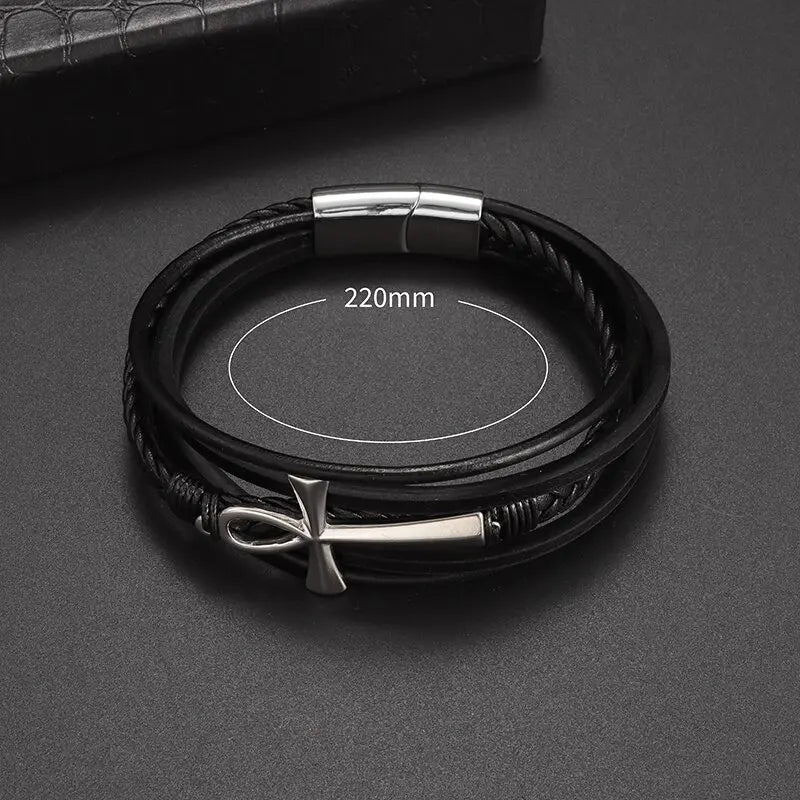 Vintage Hand Woven Eco-Friendly Leather Cross Bracelet with Magnetic Clasp Men\'s Fashion Pendant Religious Amulet Jewelry