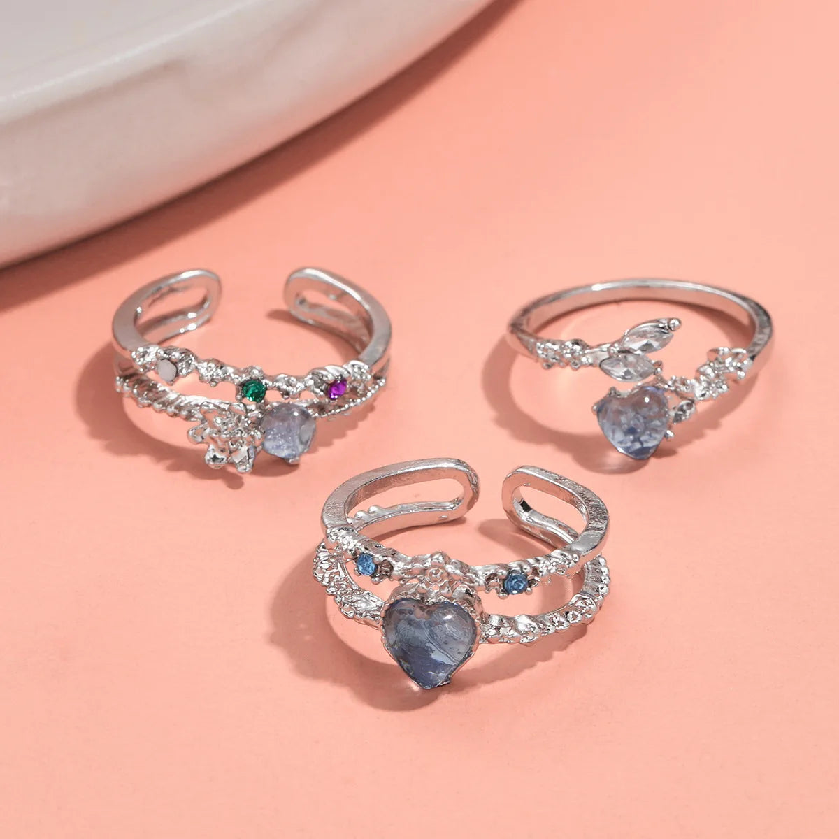 New Y2K Crystal Rings Kpop Heart Adjustable Ring Irregular Geometry Punk Vintage Rings Set for Women Girls 2024 Fashion Jewelry