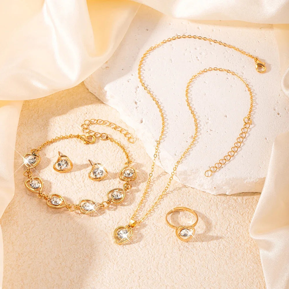 5 Piece Women's Fashion Personalized White Crystal Necklace Bracelet Ring Earring Set Jewelry Accessories